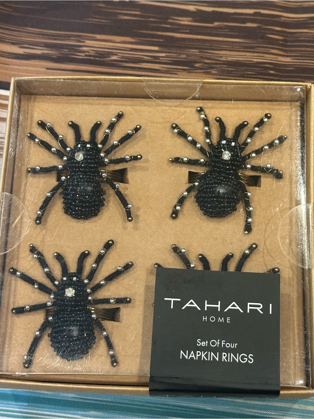 Tahari Black Beaded Spider Napkin Rings Set of Four - Halloween Table Accent